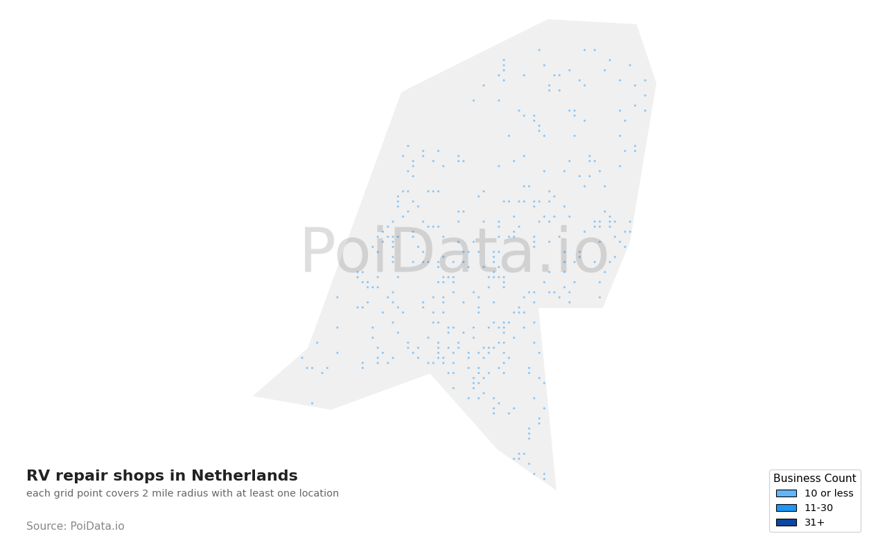 RV repair shop density map for Netherlands