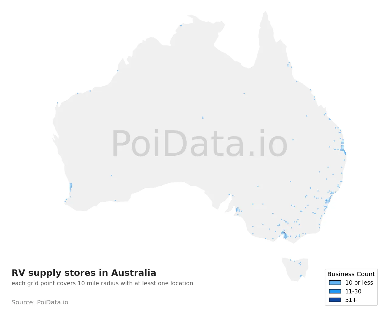 RV supply store density map for Australia
