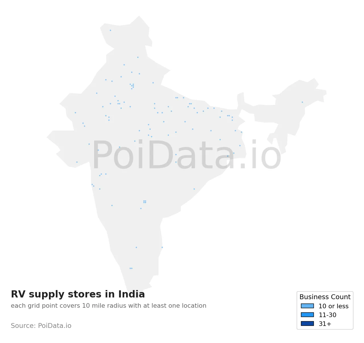 RV supply store density map for India