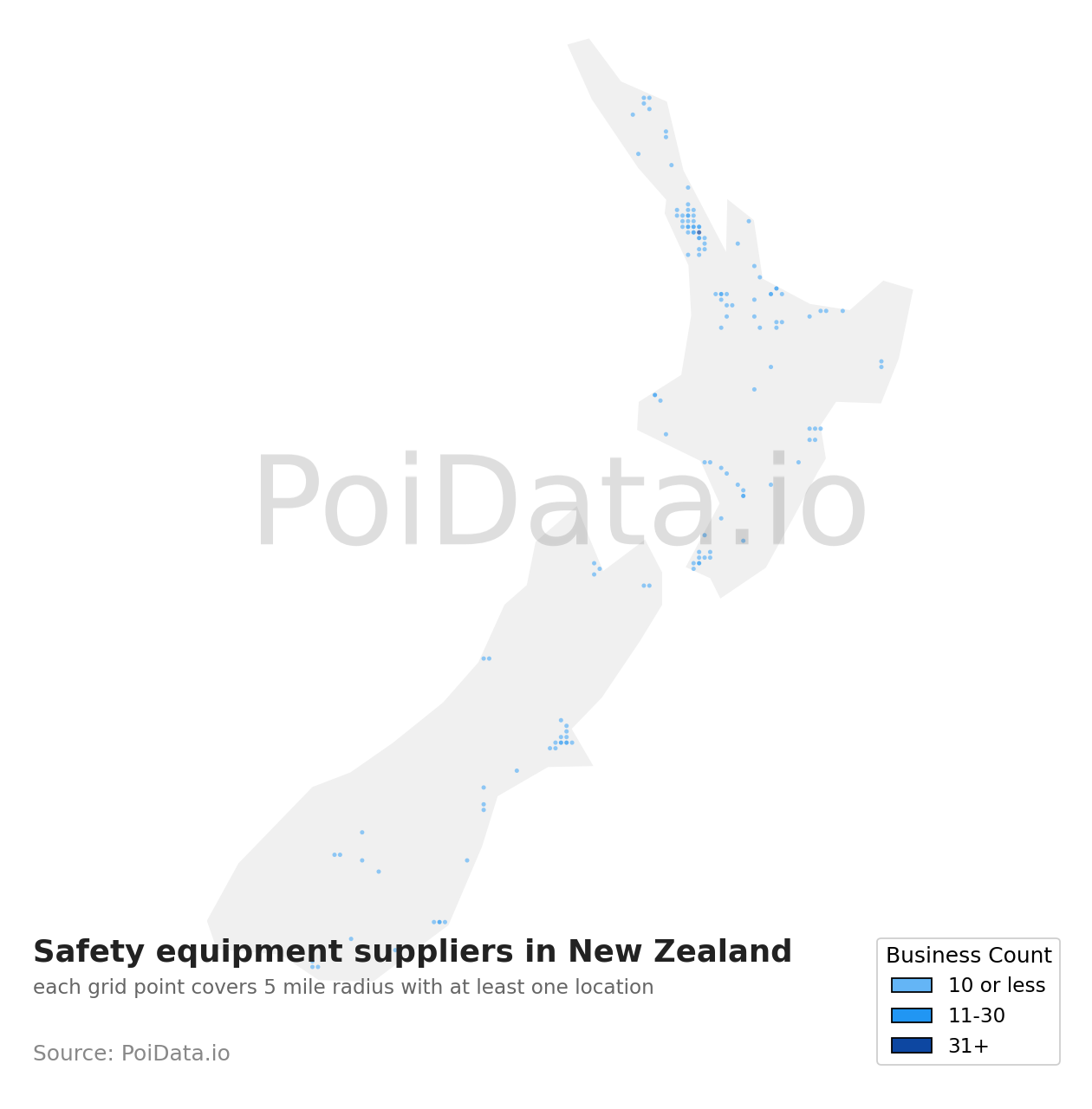 Safety equipment supplier density map for New Zealand