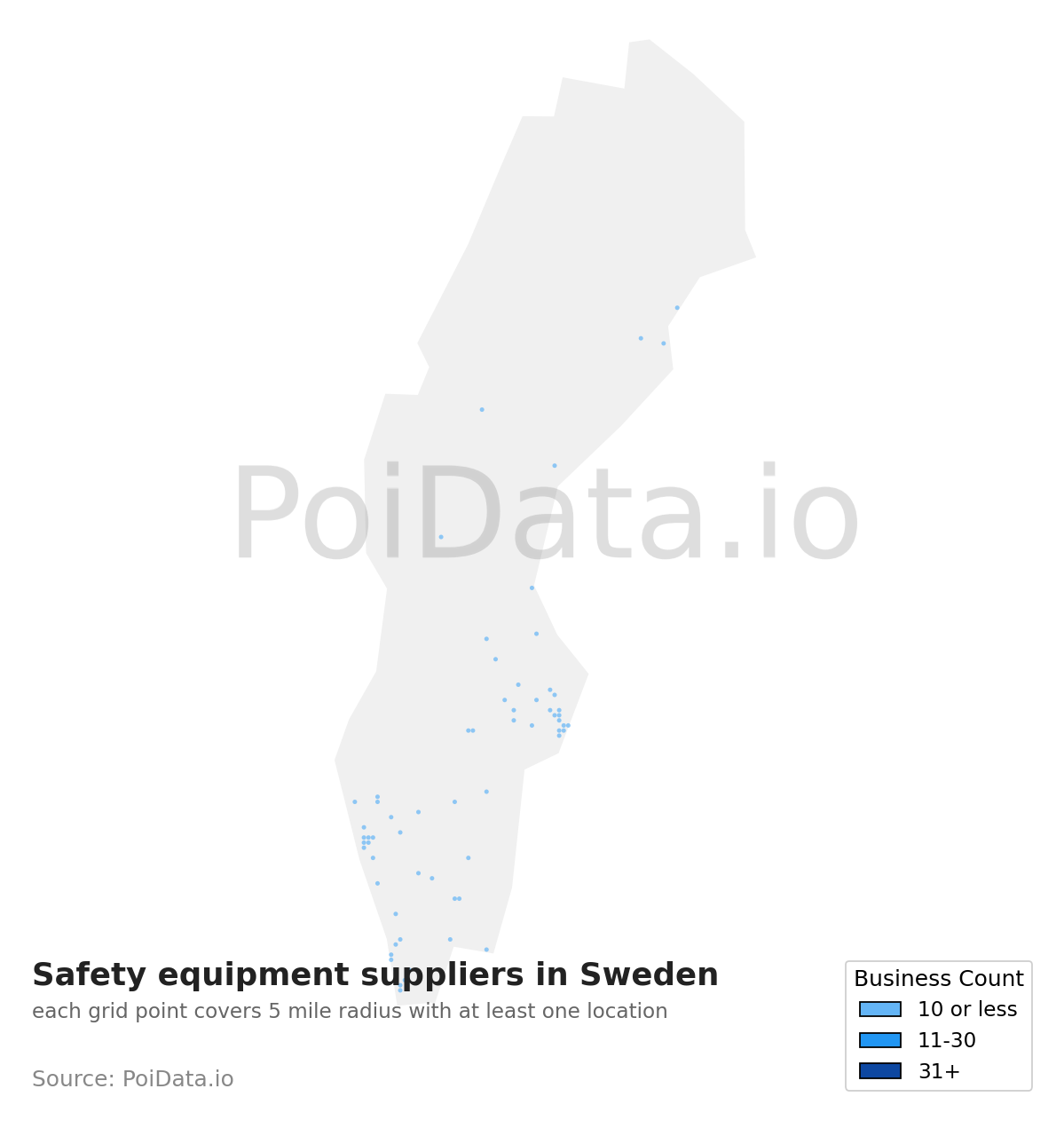 Safety equipment supplier density map for Sweden