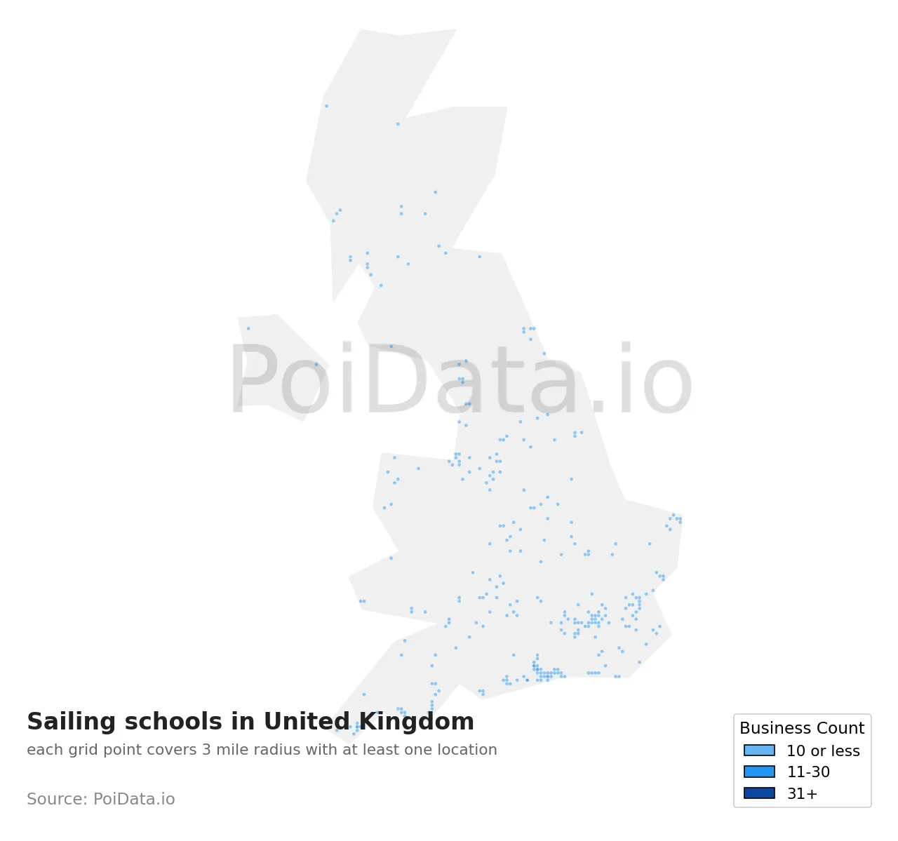 Sailing school density map for United Kingdom