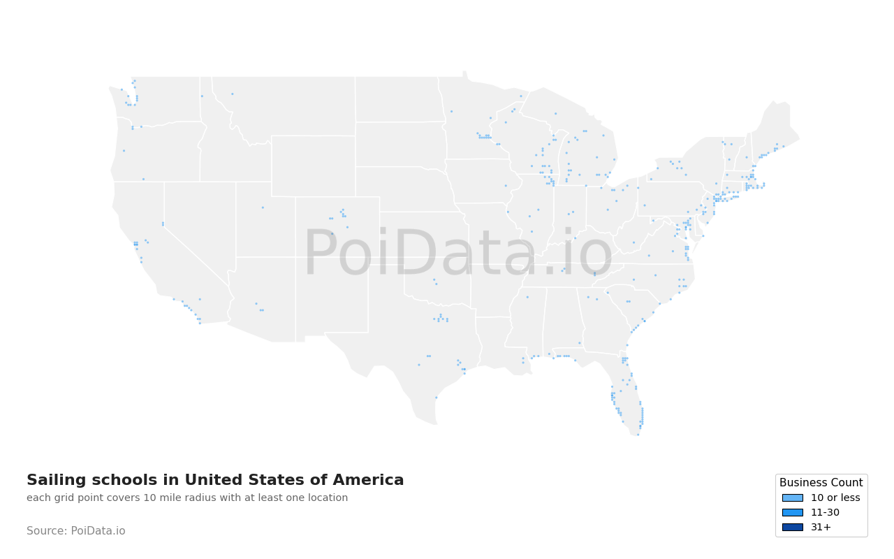 Sailing school density map for California, United States