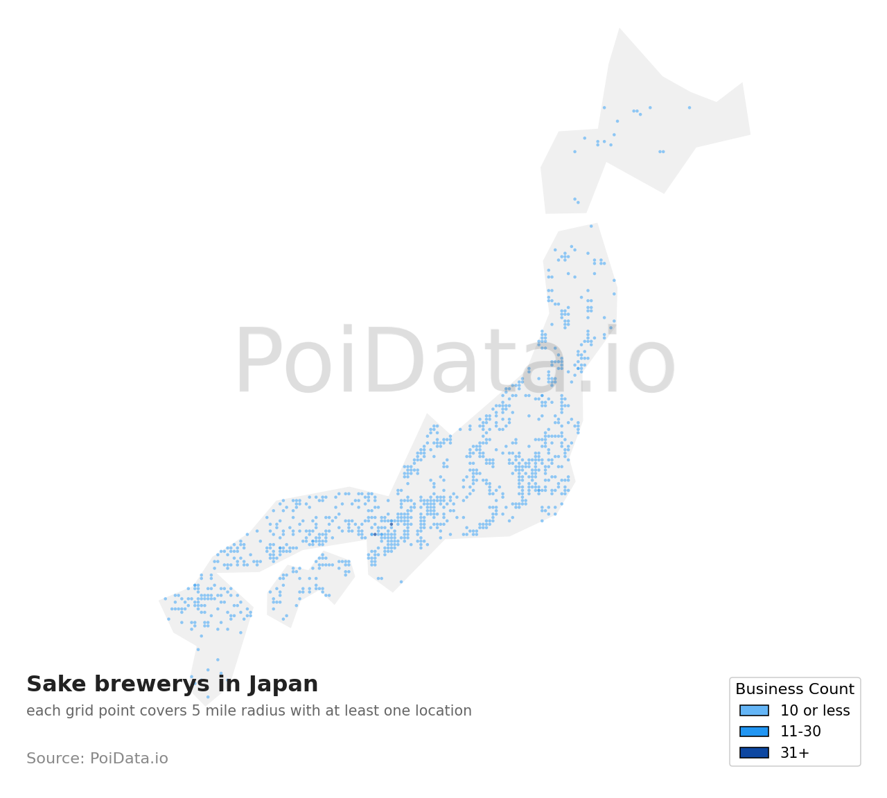 Sake brewery density map for Miyagi, Japan