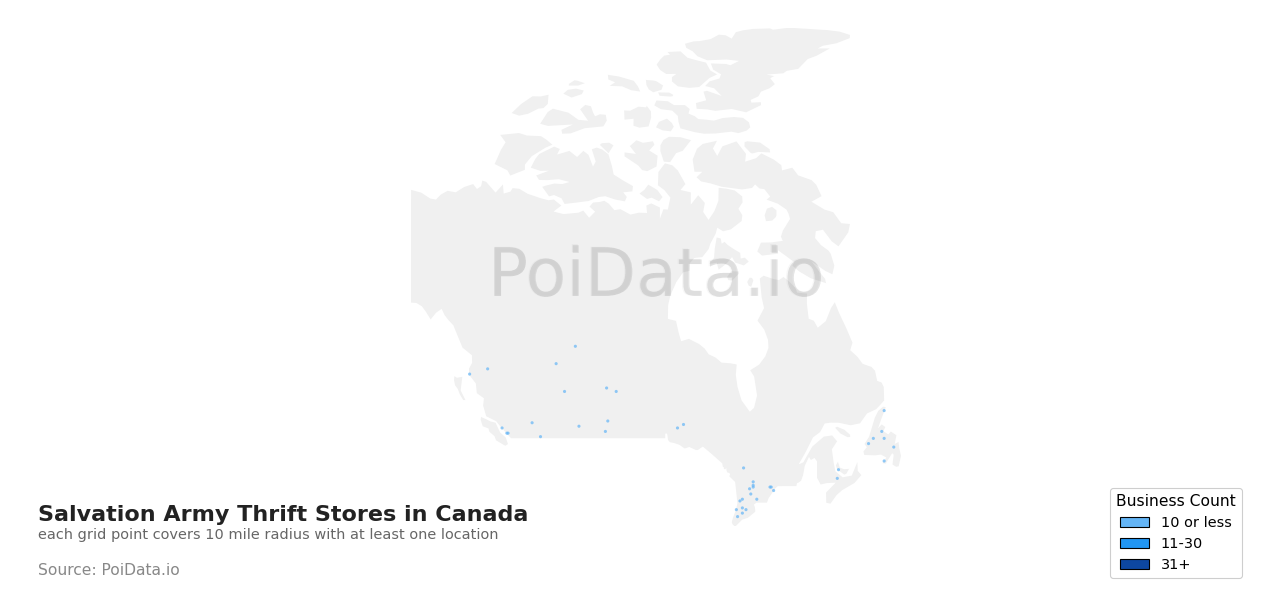 Salvation Army Thrift Store density map for Canada