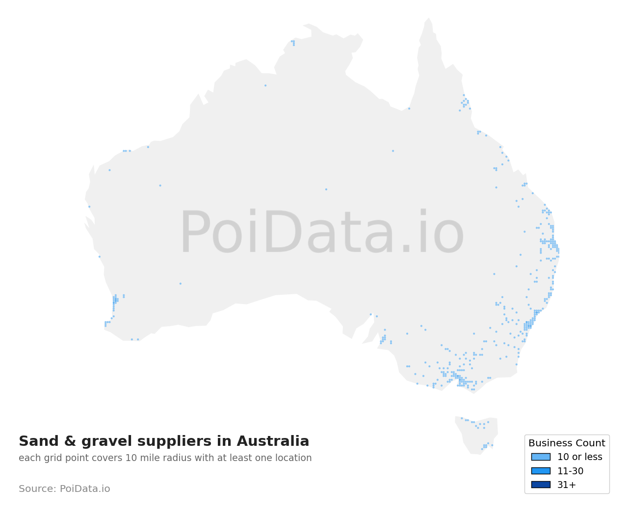 Sand & gravel supplier density map for Australia