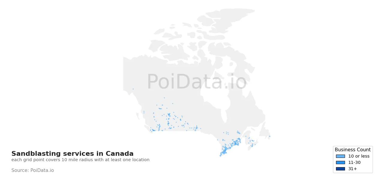 Sandblasting service density map for Canada