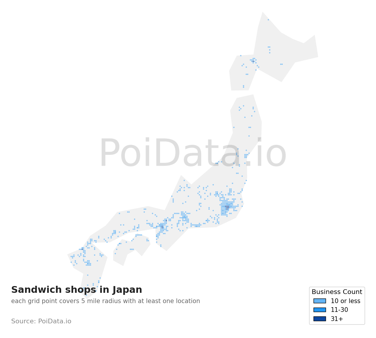 Sandwich shop density map for Japan