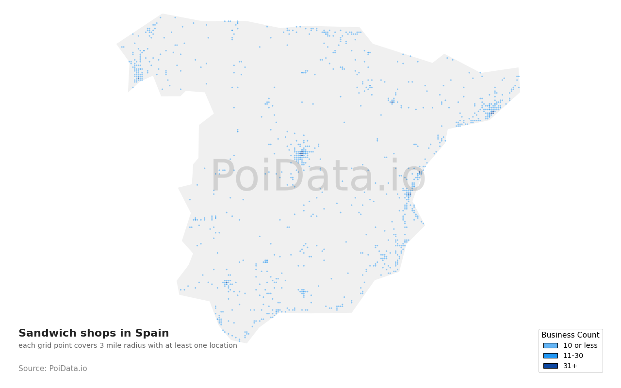 Sandwich shop density map for Spain