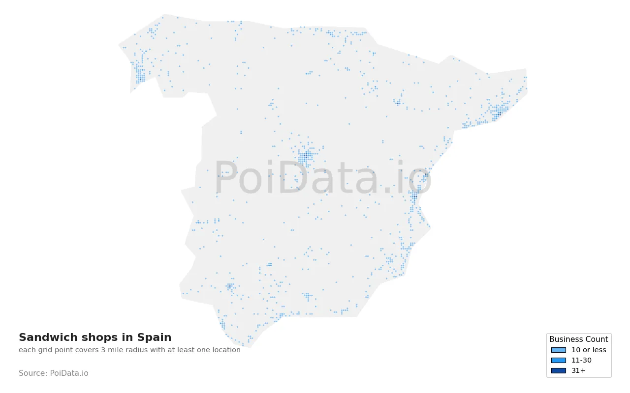 Sandwich shop density map for Spain
