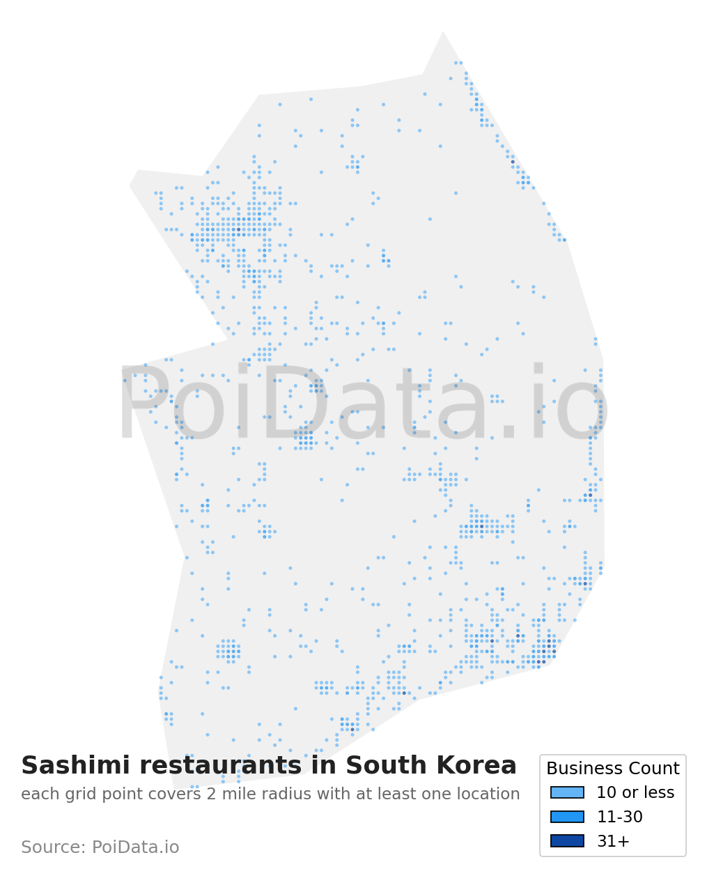 Sashimi restaurant density map for South Korea