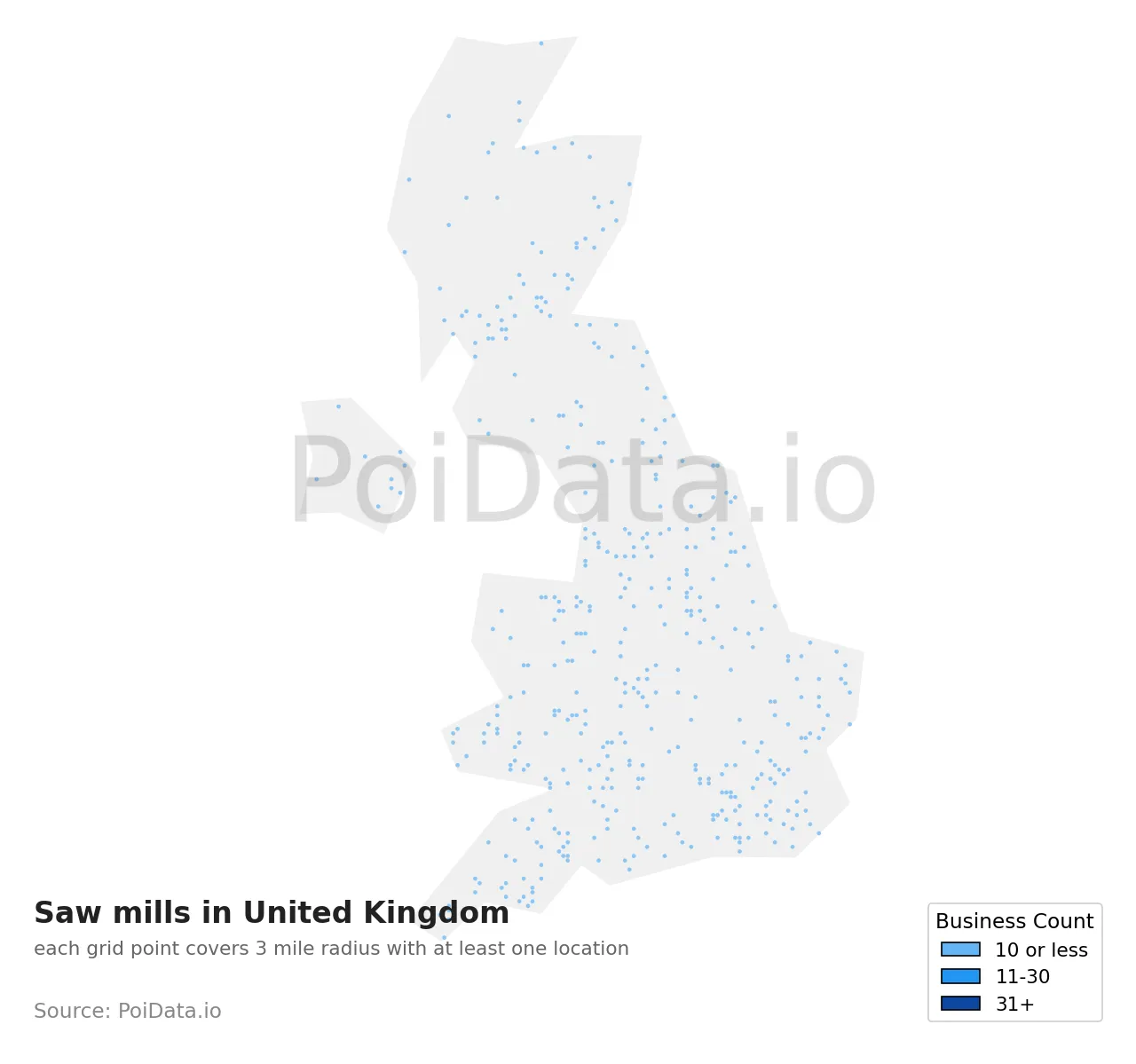 Saw mill density map for United Kingdom