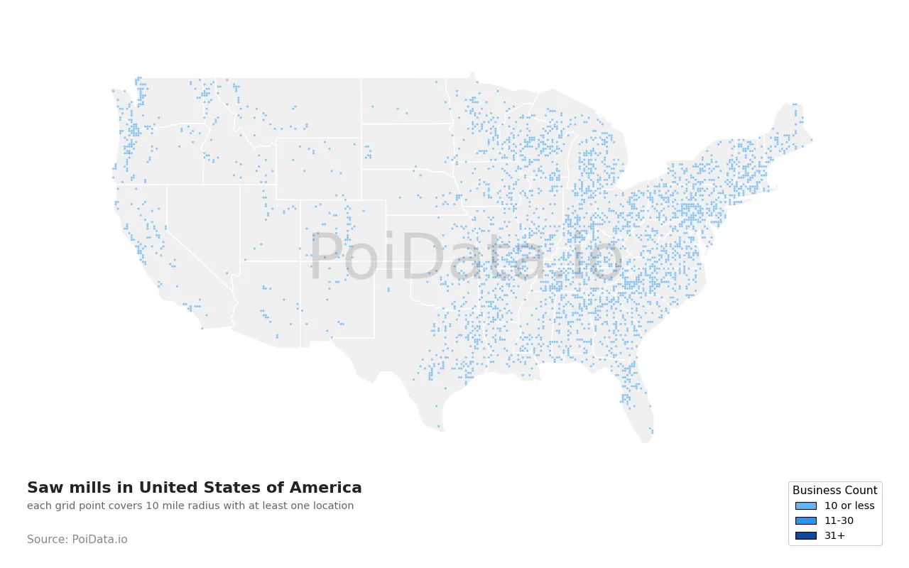 Saw mill density map for United States