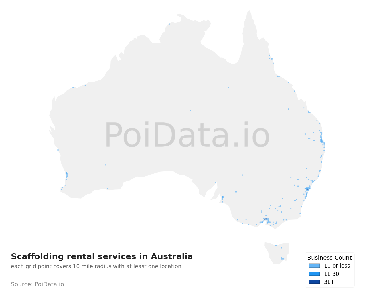 Scaffolding rental service density map for Australia