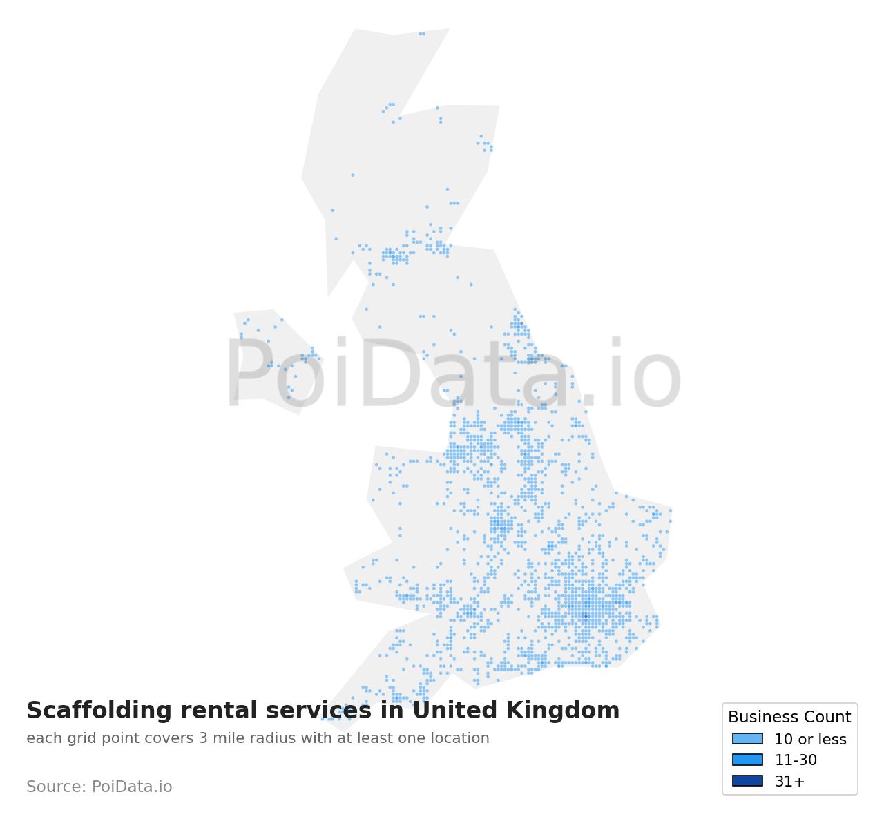 Scaffolding rental service density map for United Kingdom