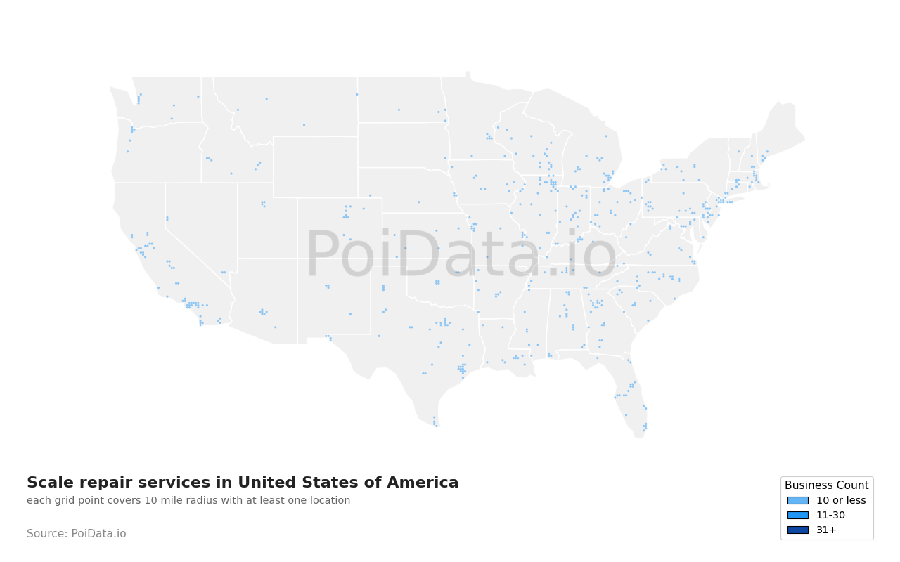 Scale repair service density map for North Carolina, United States