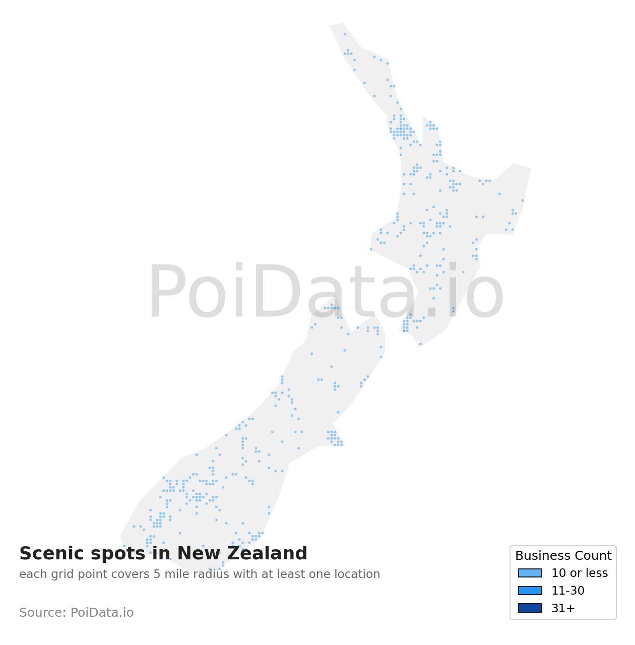 Scenic spot density map for Southland Region, New Zealand