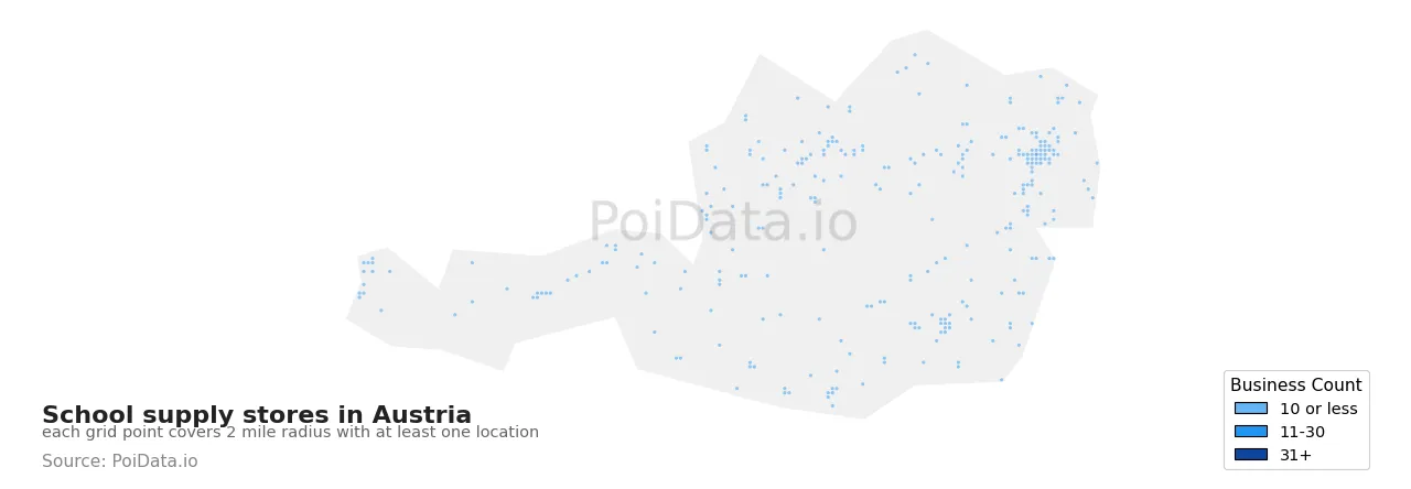 School supply store density map for Austria