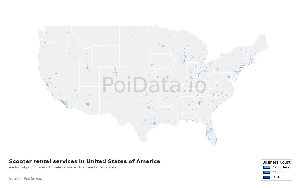 Scooter rental service density map for Tennessee, United States