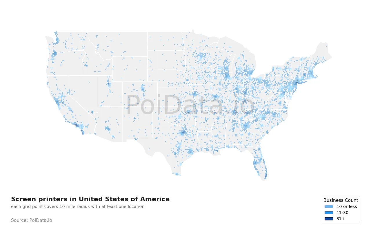 Screen printer density map for United States