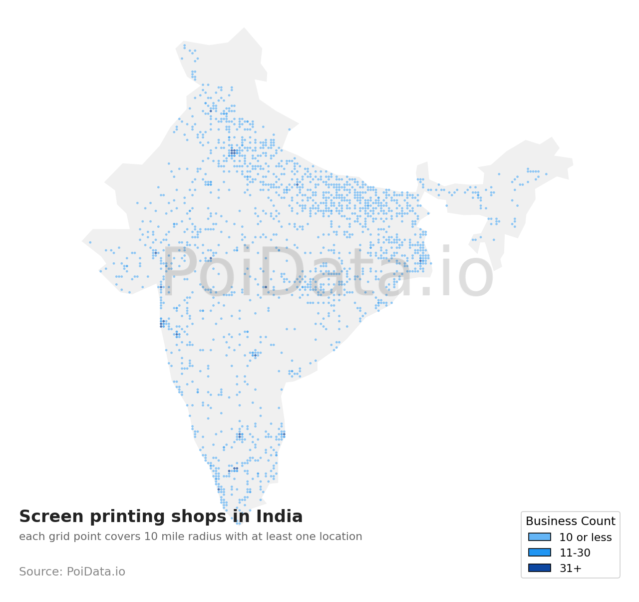 Screen printing shop density map for India