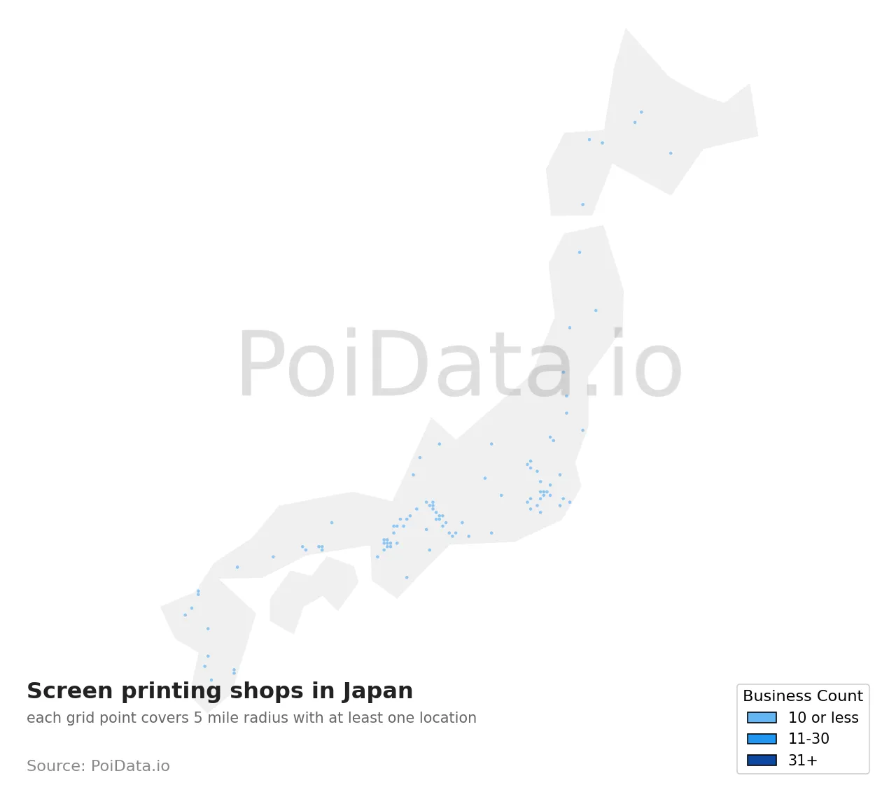 Screen printing shop density map for Japan