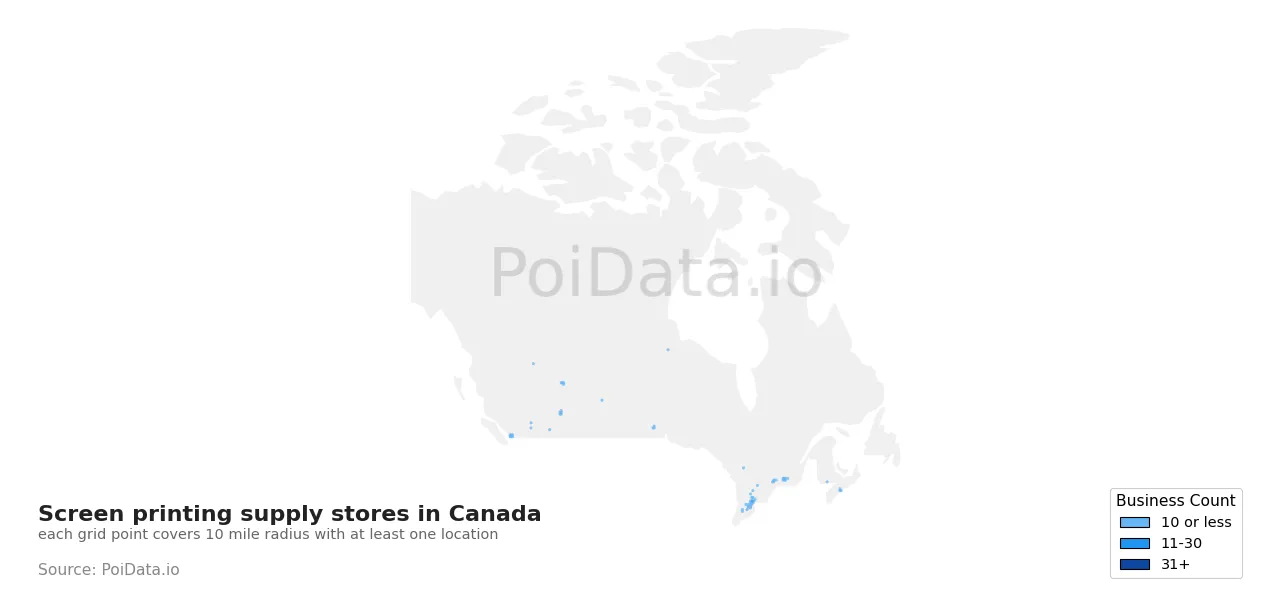 Screen printing supply store density map for Canada