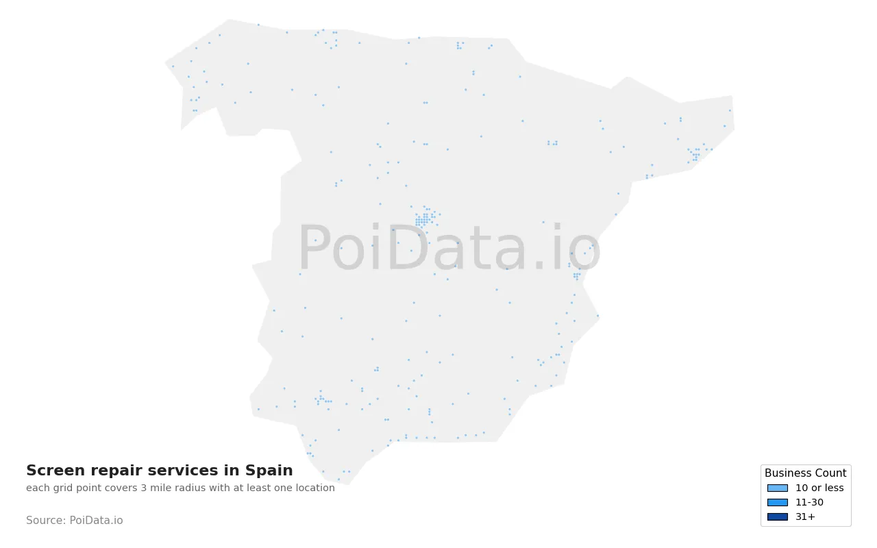 Screen repair service density map for Spain