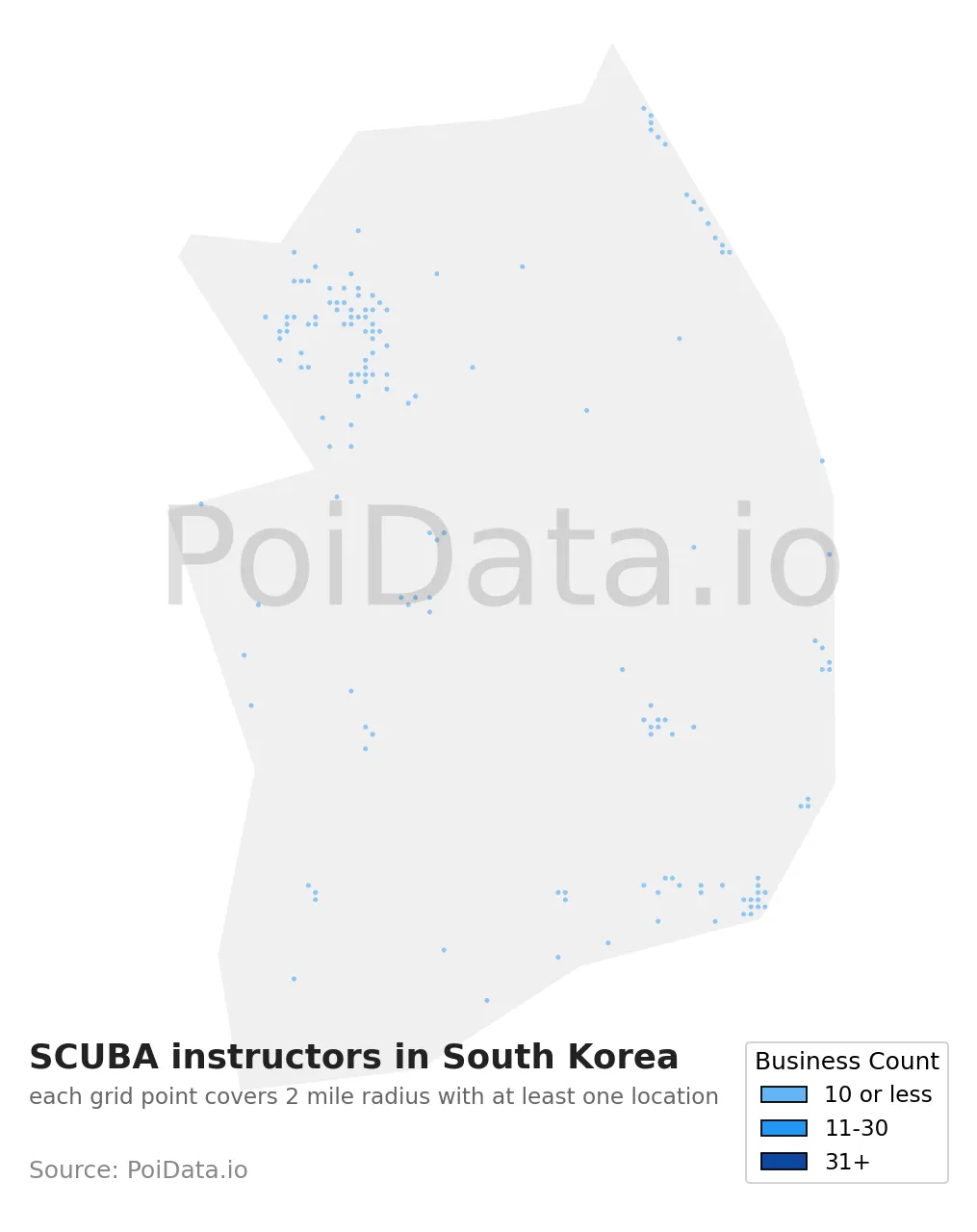 SCUBA instructor density map for South Korea