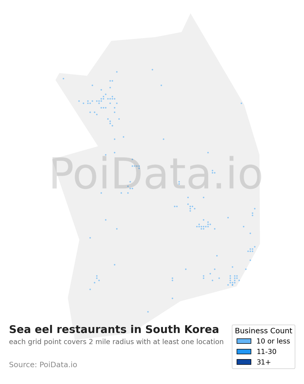 Sea eel restaurant density map for South Korea