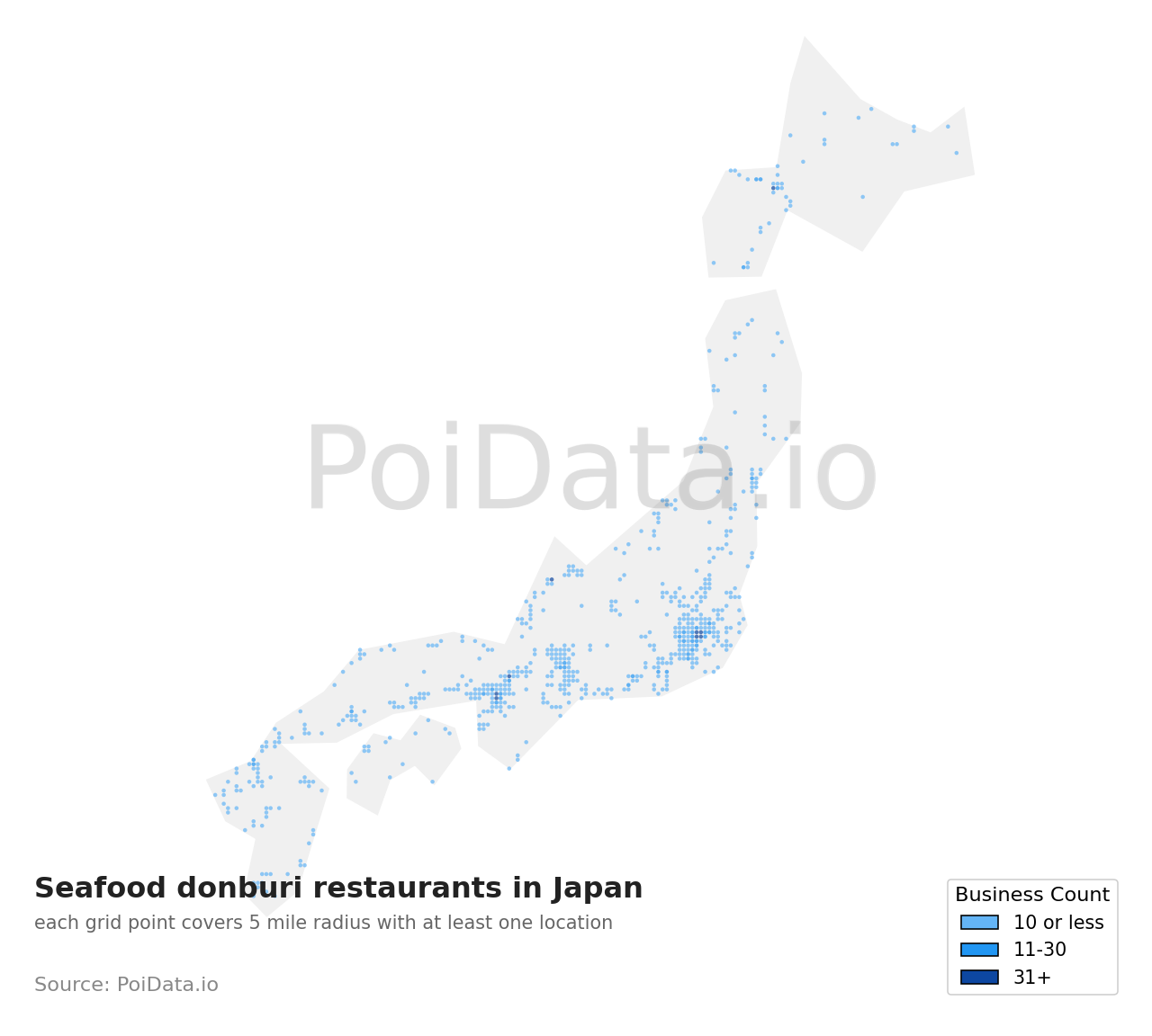 Seafood donburi restaurant density map for Shizuoka, Japan