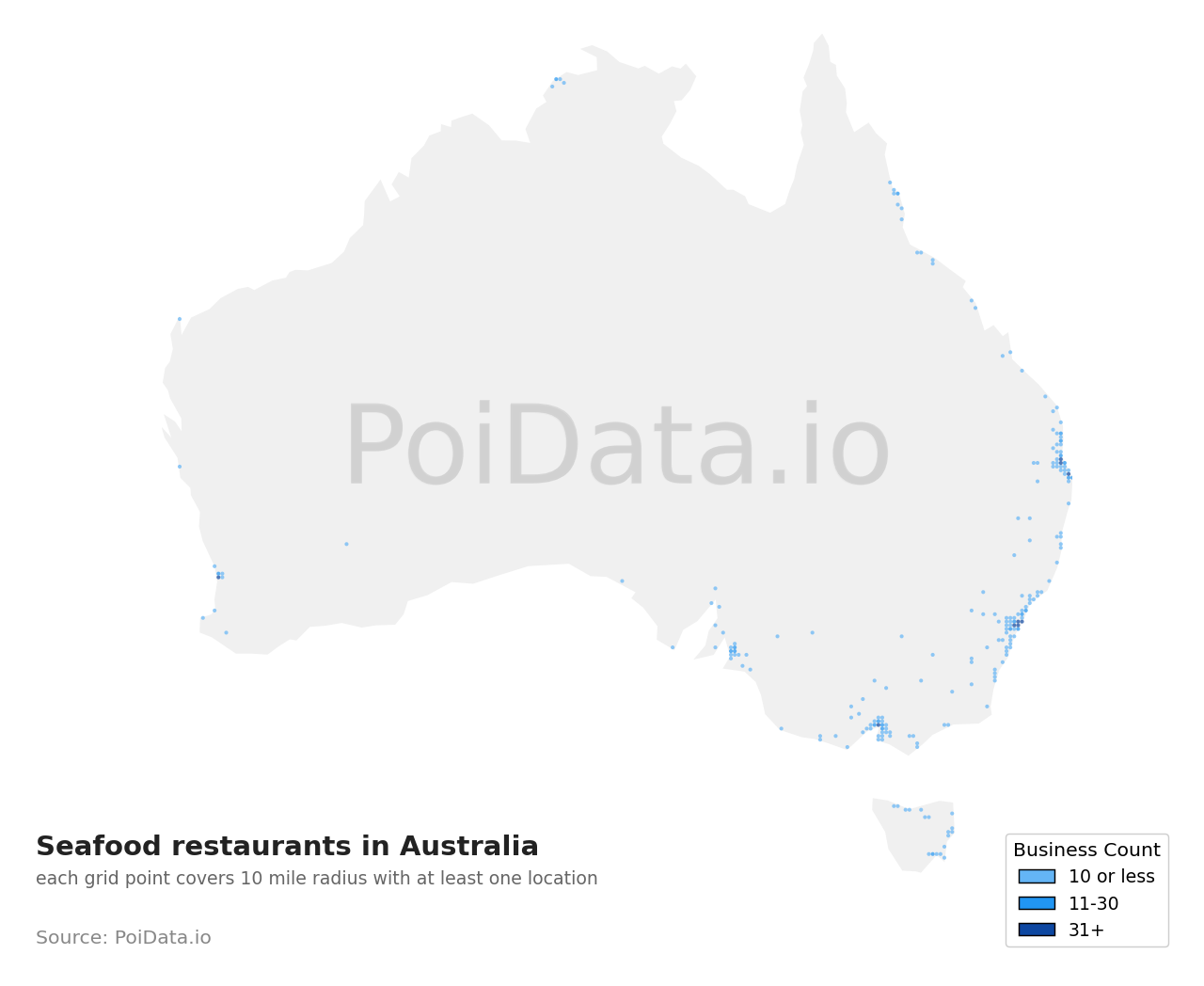 Seafood restaurant density map for Australia