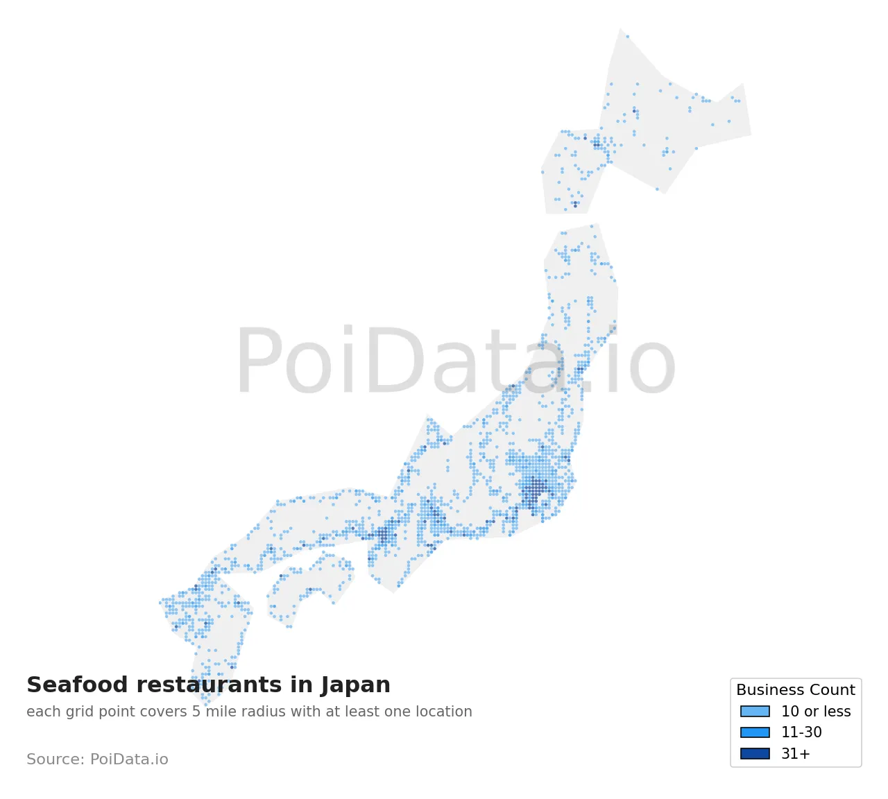Seafood restaurant density map for Japan