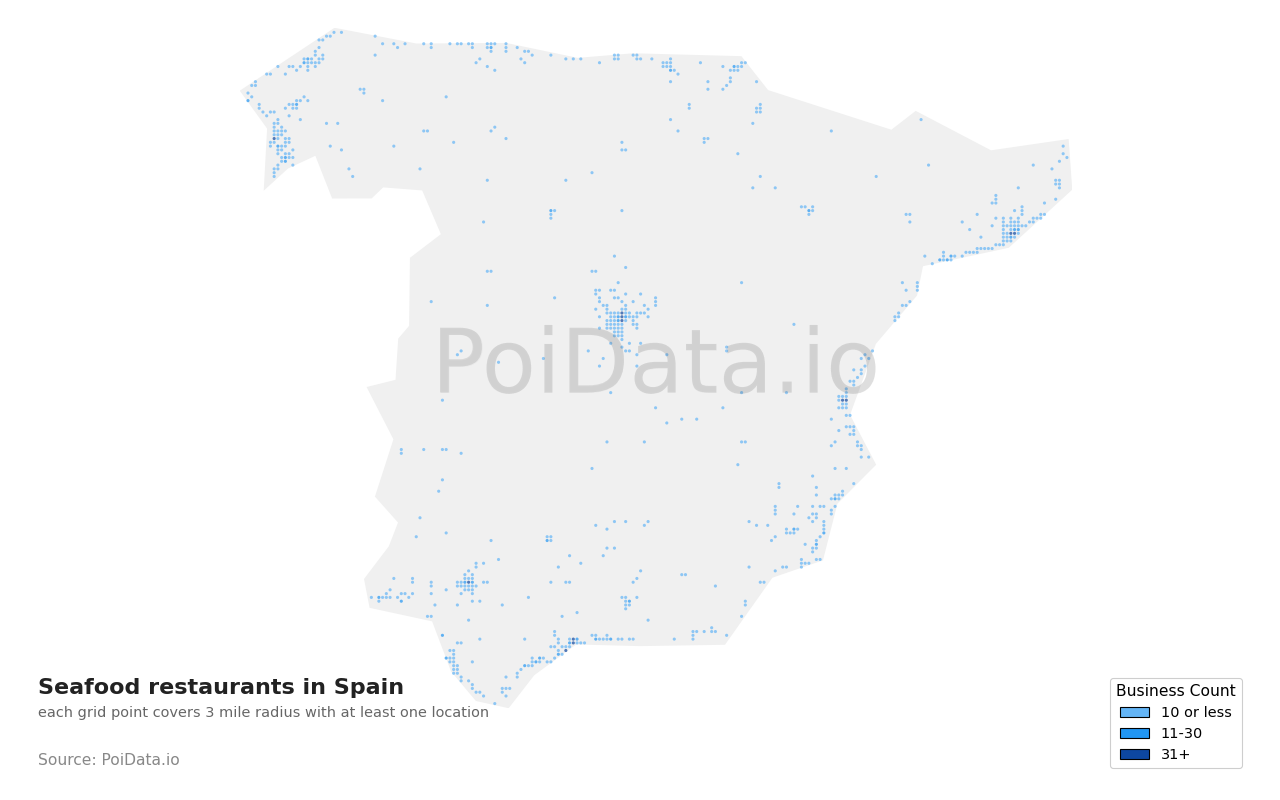 Seafood restaurant density map for Spain