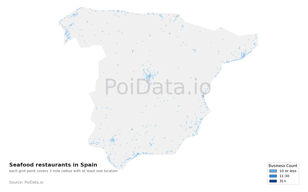 Seafood restaurant density map for Spain