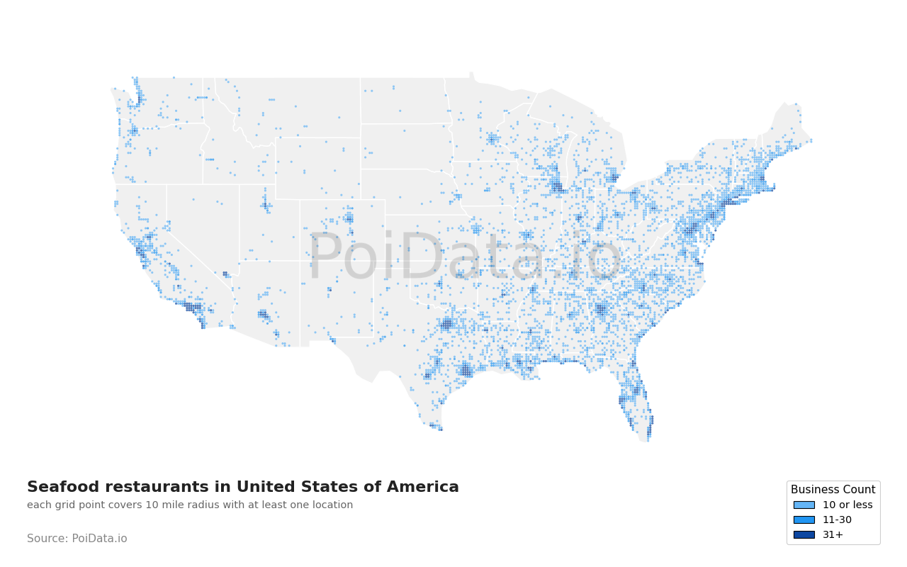 Seafood restaurant density map for United States