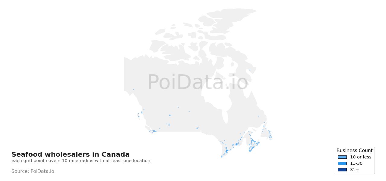 Seafood wholesaler density map for Canada