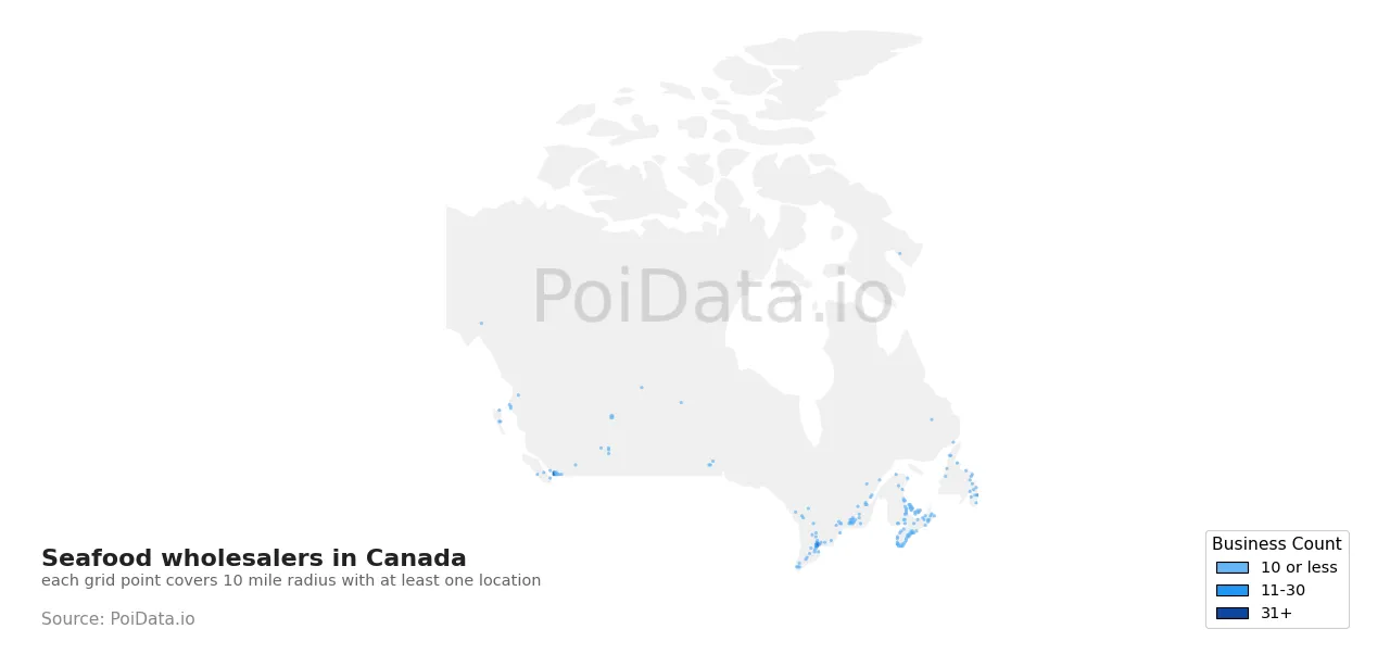 Seafood wholesaler density map for Canada