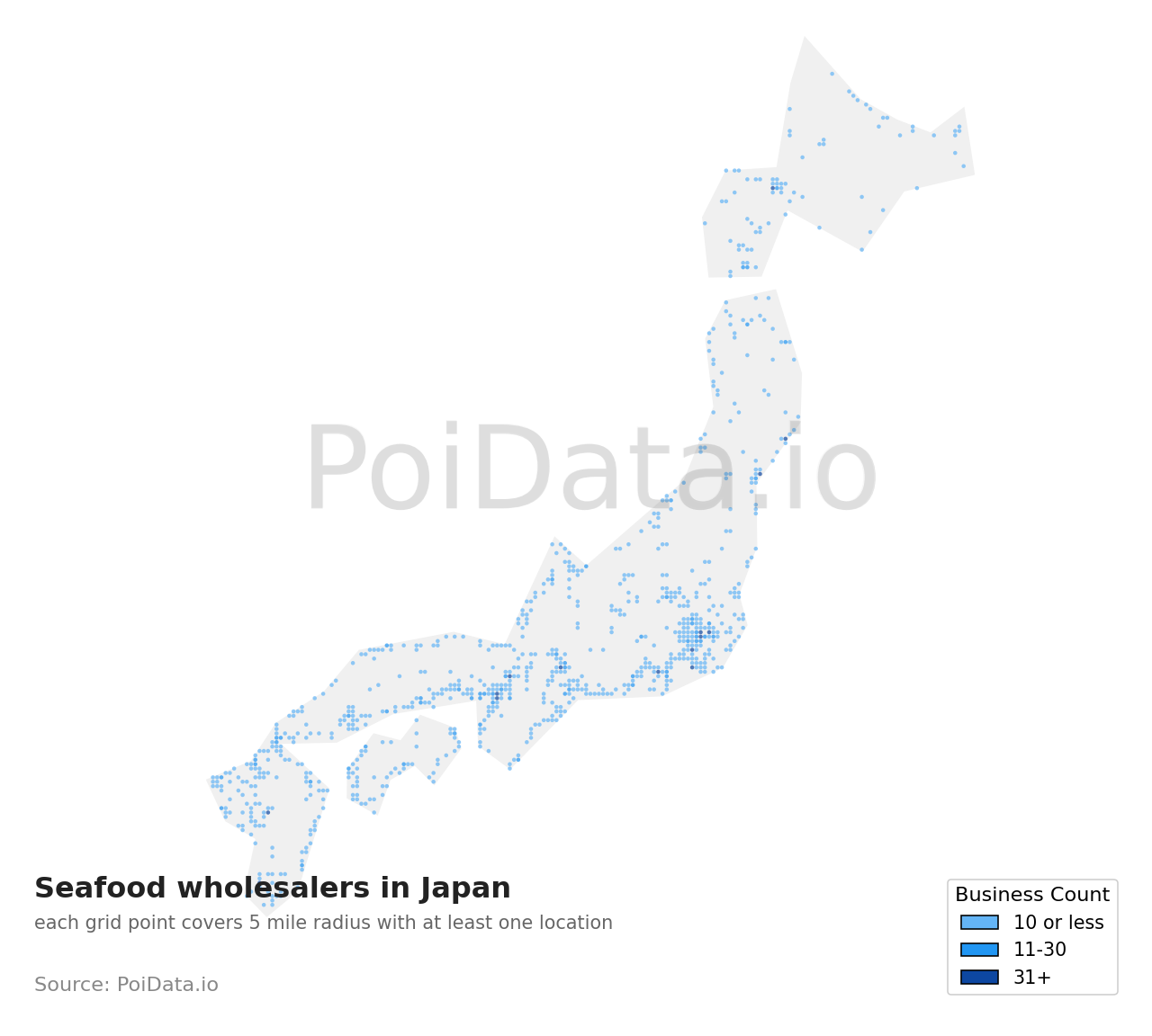 Seafood wholesaler density map for Japan