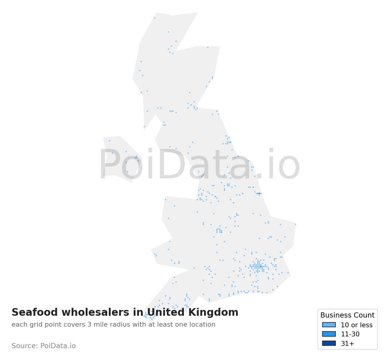 Seafood wholesaler density map for United Kingdom