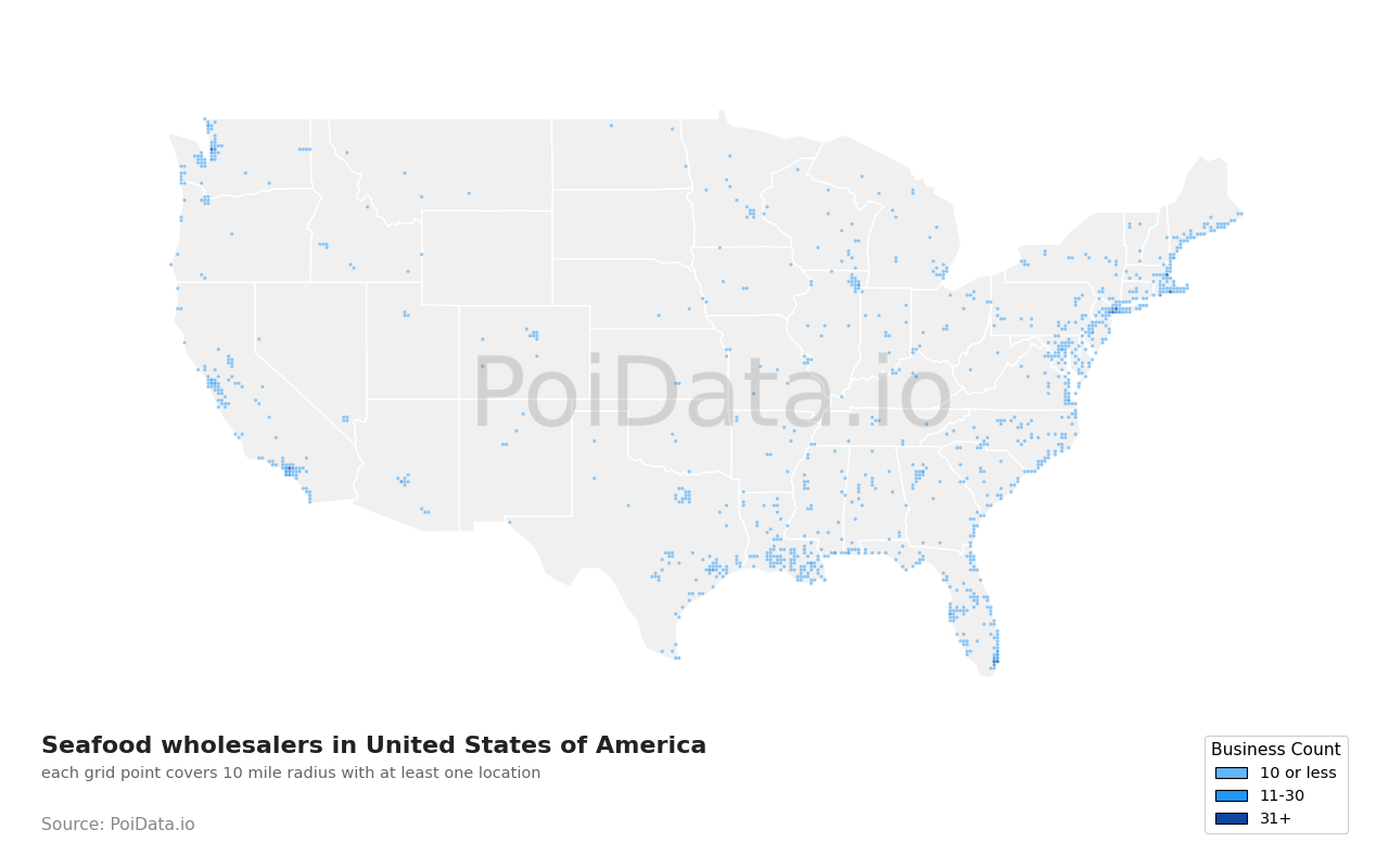 Seafood wholesaler density map for Florida, United States
