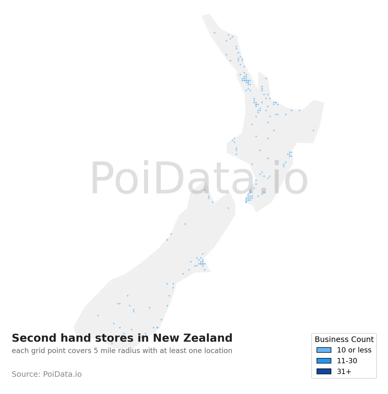 Second hand store density map for New Zealand