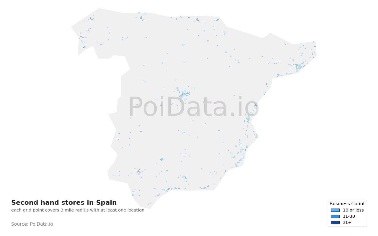 Second hand store density map for Spain