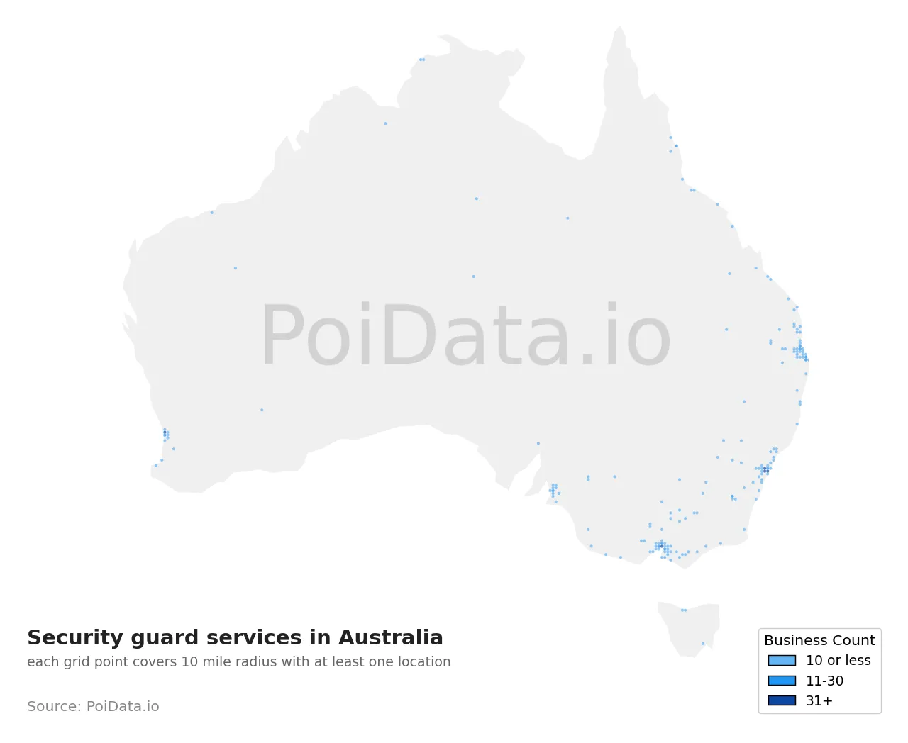 Security guard service density map for Australia