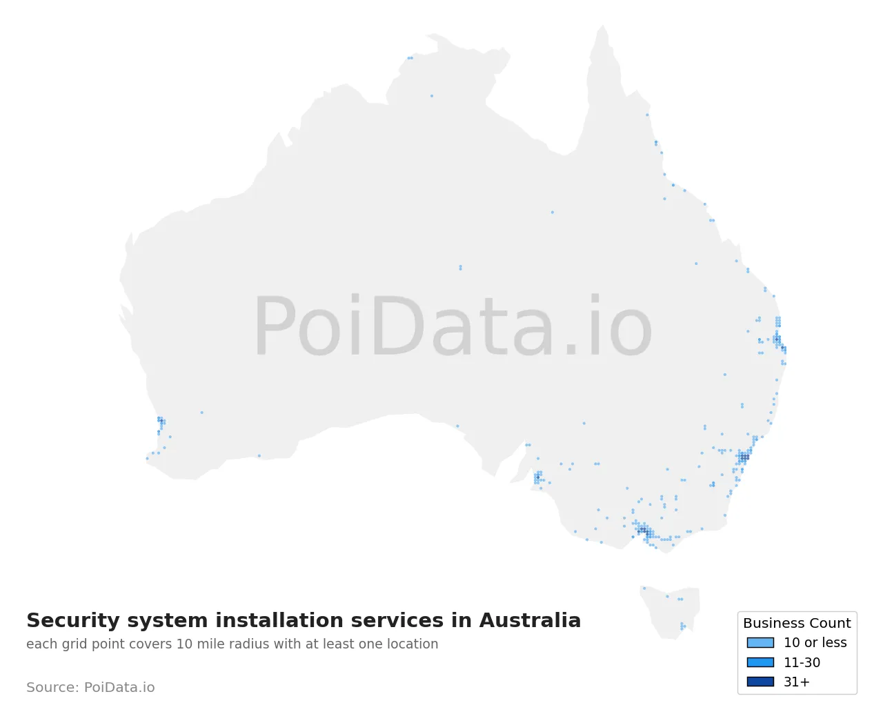 Security system installation service density map for Australia