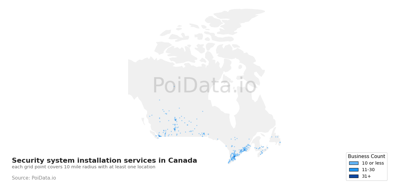 Security system installation service density map for Ontario, Canada