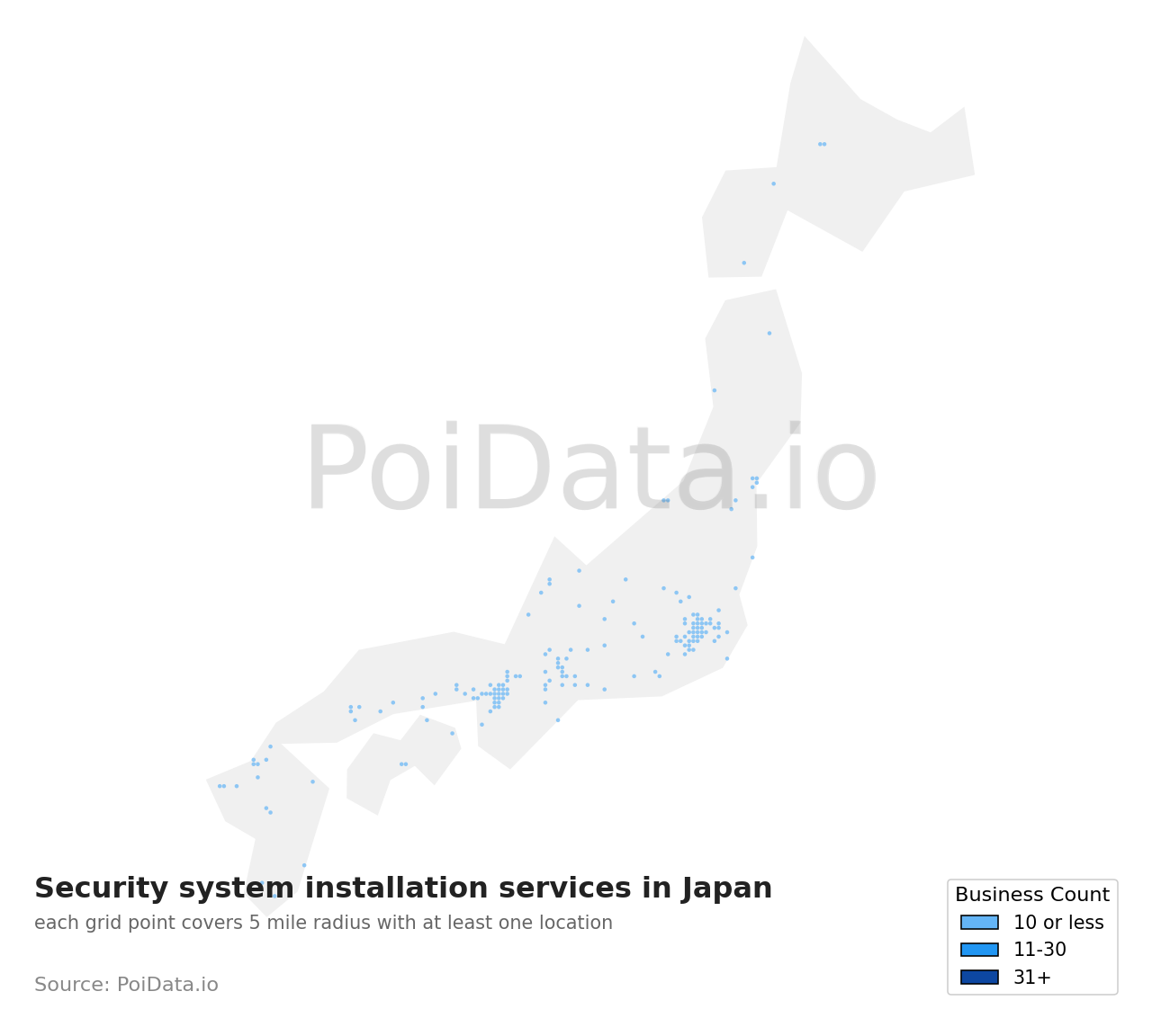 Security system installation service density map for Japan