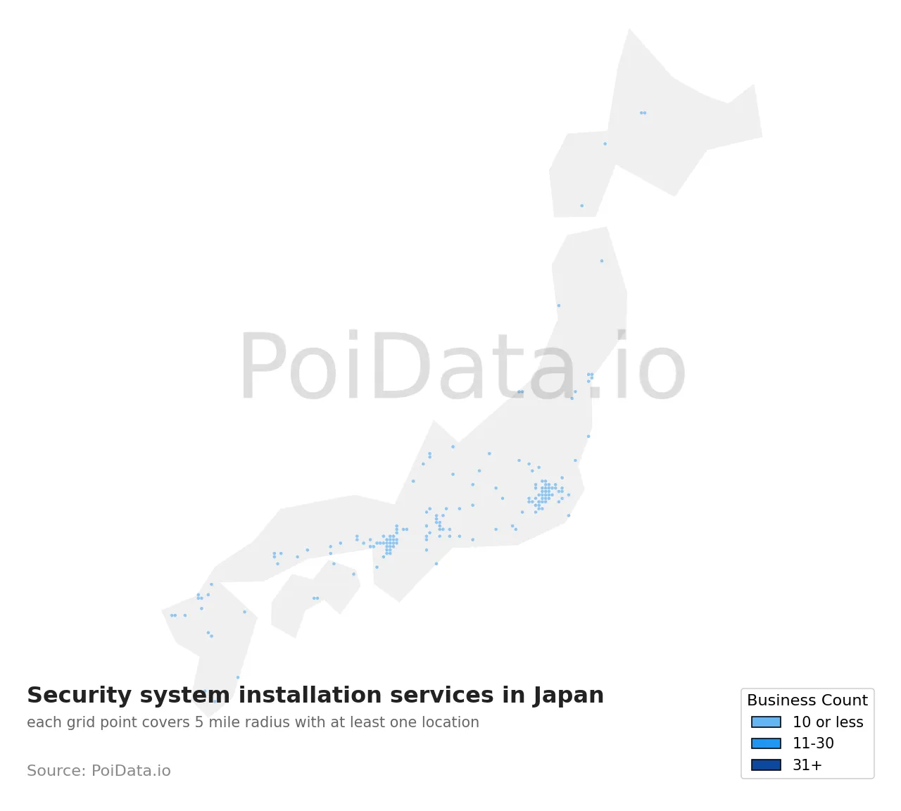 Security system installation service density map for Japan