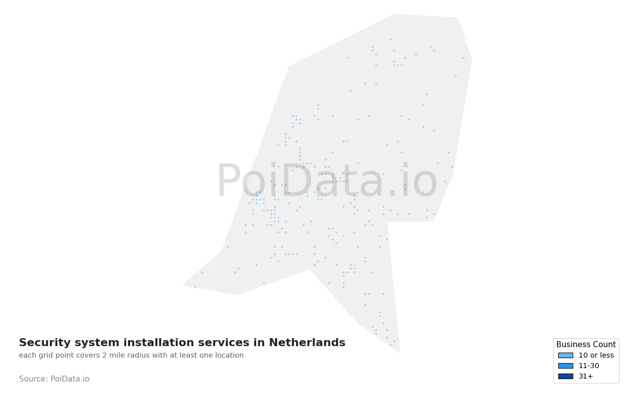 Security system installation service density map for Netherlands