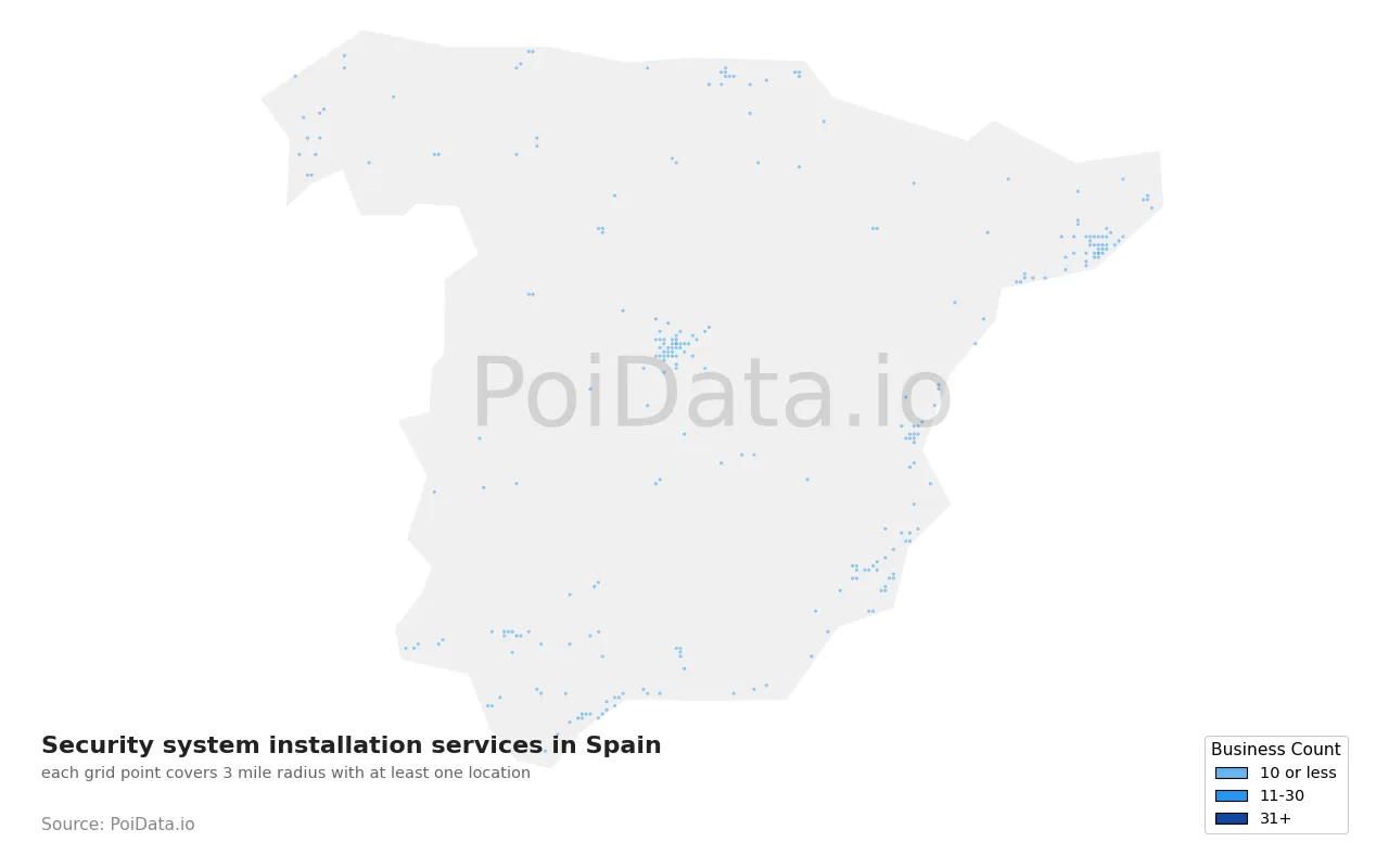 Security system installation service density map for Spain